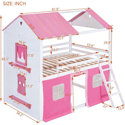 Full Size Bunk Wood House Bed with Elegant Windows, Sills and Tent, Pink+White