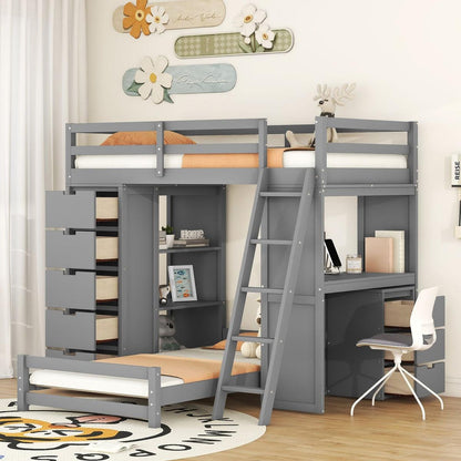 Twin over Twin Bunk Bed with LED Light and USB Ports, Gray