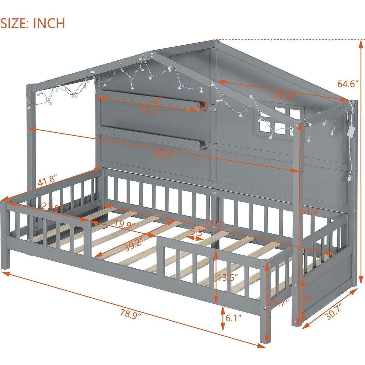 Twin Size House Bed with Shelves, House Bed with Window and Sparkling Light Strip on the Roof, Gray
