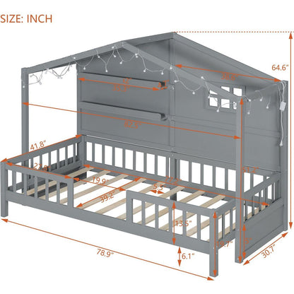 Twin Size House Bed with Shelves, House Bed with Window and Sparkling Light Strip on the Roof, Gray