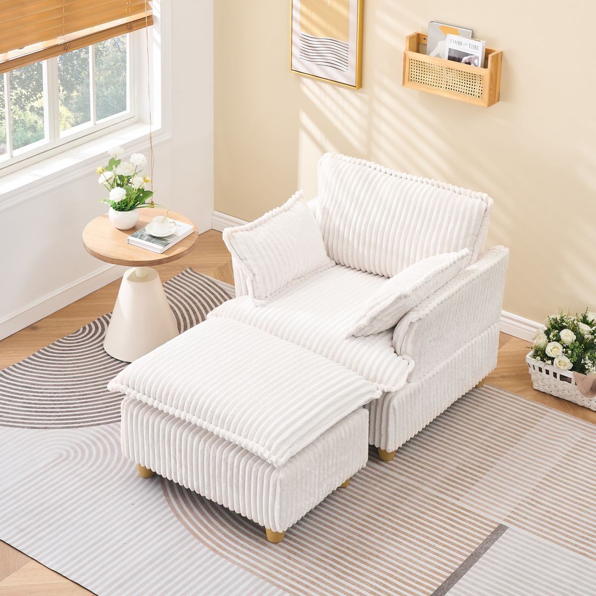 This single-seat corduroy sofa comes with an ottoman and throw pillows. It's perfect for sitting or lying down comfortably in the living room, on the balcony, or in the study.