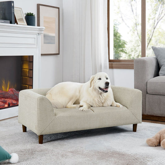 Pet sofa with backrest and armrests, modern rectangular pet sofa suitable for medium and large dogs, soft cushion comfortable dog sofa,--BEIGE