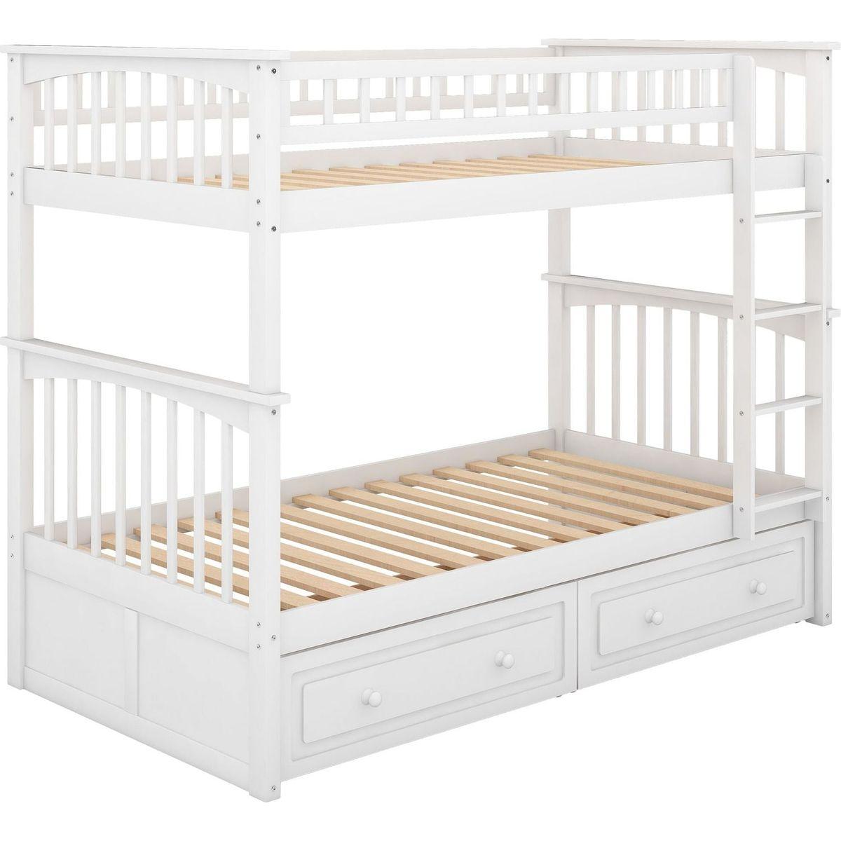 Twin over Twin Bunk Bed with Drawers, Convertible Beds, White