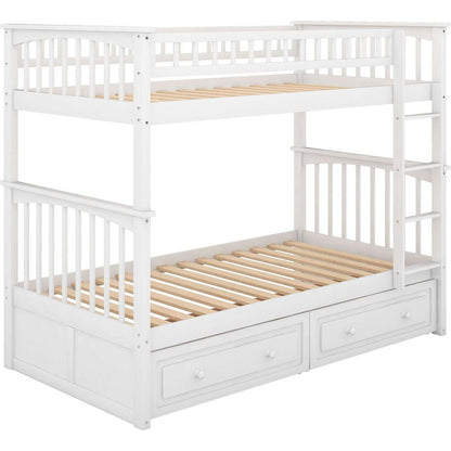 Twin over Twin Bunk Bed with Drawers, Convertible Beds, White