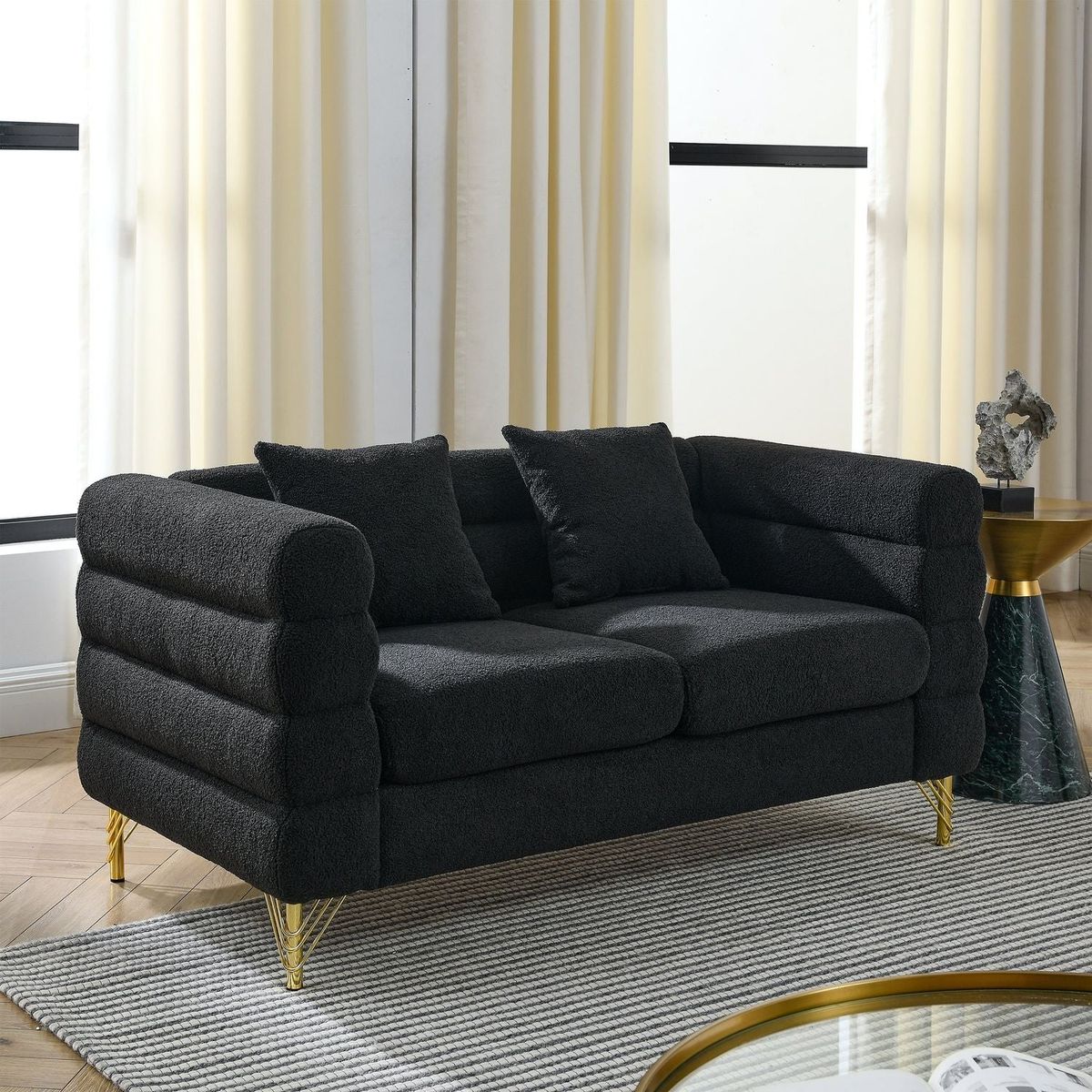 3-seater + 3-seater Combination sofa.BLACK teddy