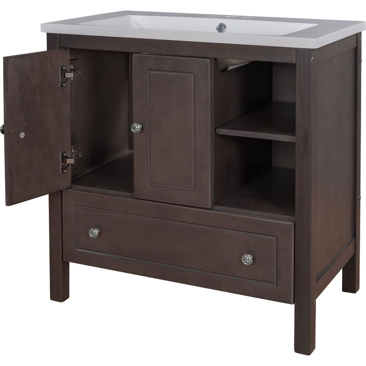 30" Bathroom Vanity with Sink, Bathroom Storage Cabinet with Doors and Drawers, Solid Wood Frame, Ceramic Sink, Brown