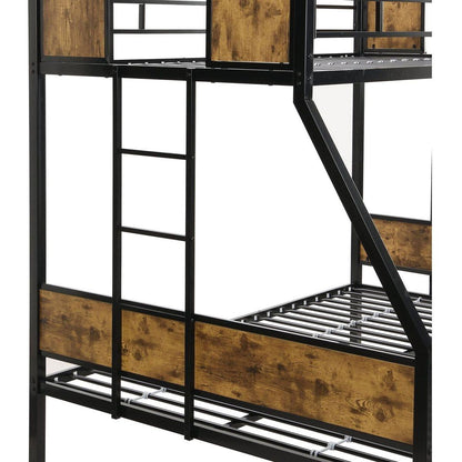 Twin Over FULL Metal Bunk Bed with Trundle 2 - Side Ladder and Full-Length Guardrail, No Box Spring Needed, Large Under Bed Storage, Easy Assemble, Black & Brown