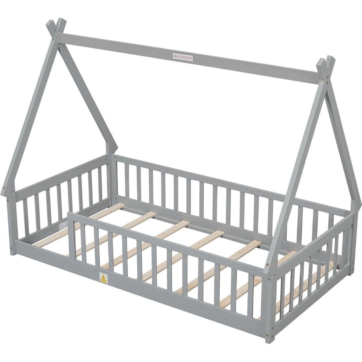 Twin Tent-shaped Floor Bed, Teepee Bed with Guardrails, Slats,Grey