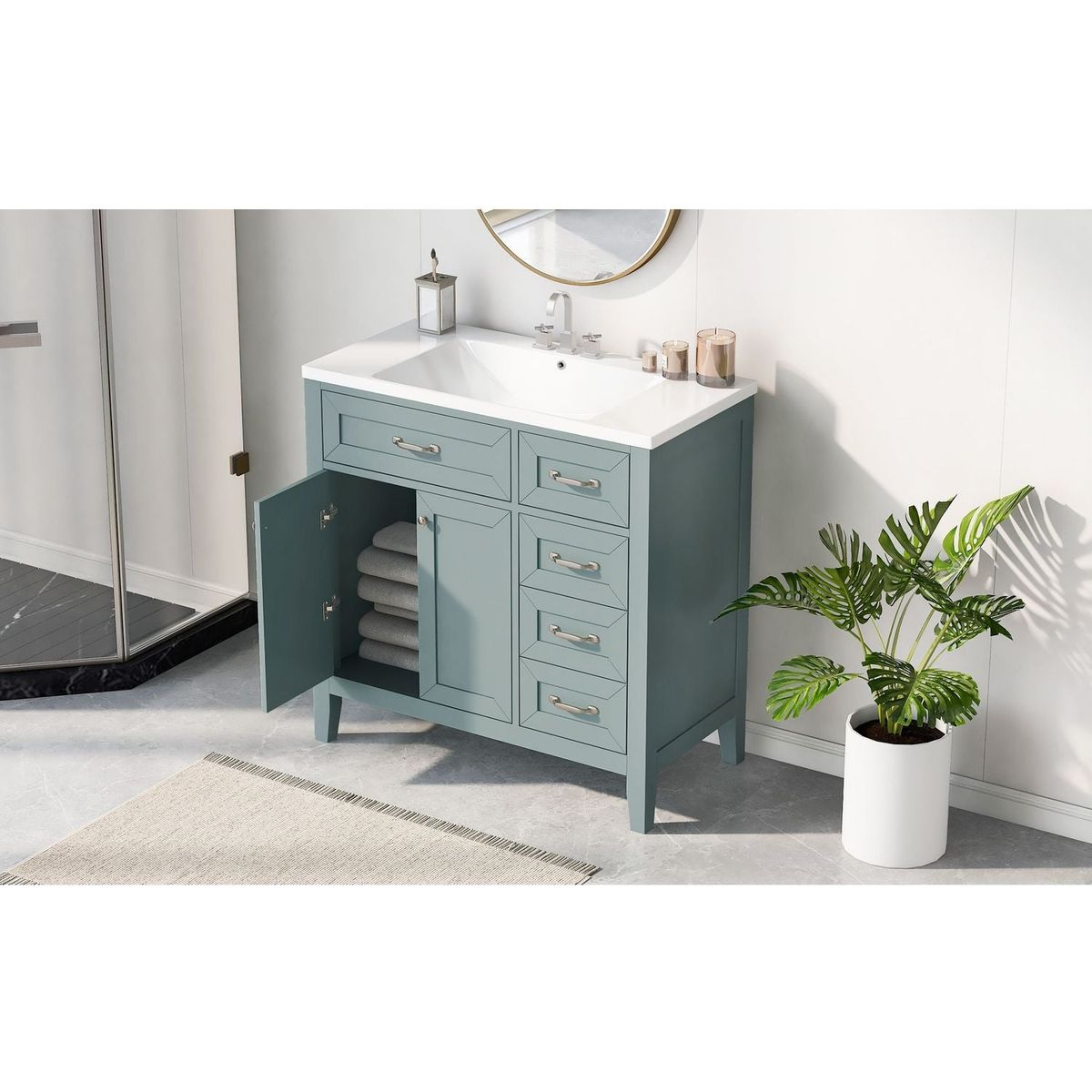 36" Bathroom Vanity with Sink Combo, Green Bathroom Cabinet with Drawers, Solid Frame and MDF Board