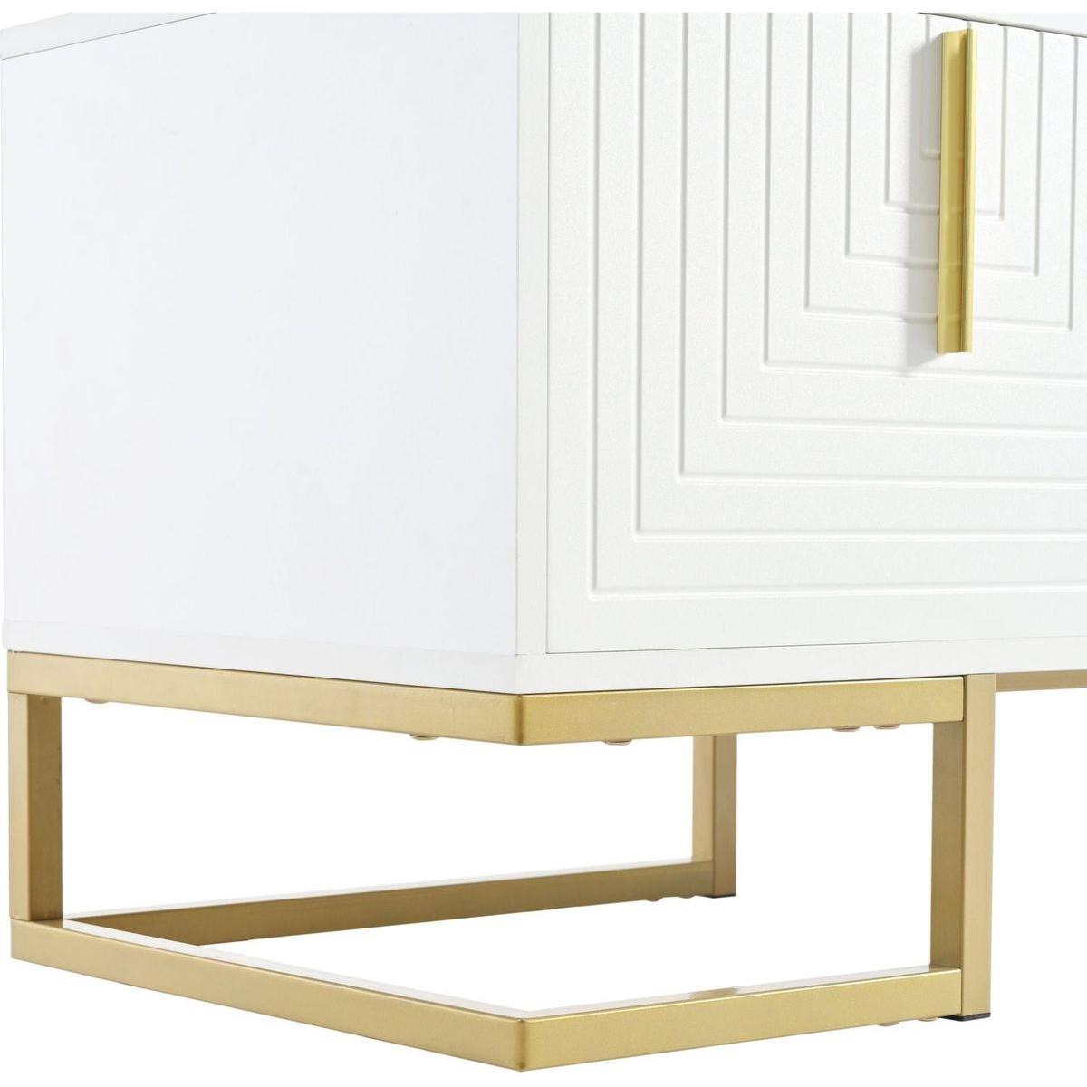 Modern TV Stand with Metal Legs and Gold Handles for TVs Up to 80", Media Console Table with Cabinets and Adjustable Shelves, Luxury TV Cabinet with Geometric Lines for Living Room, White