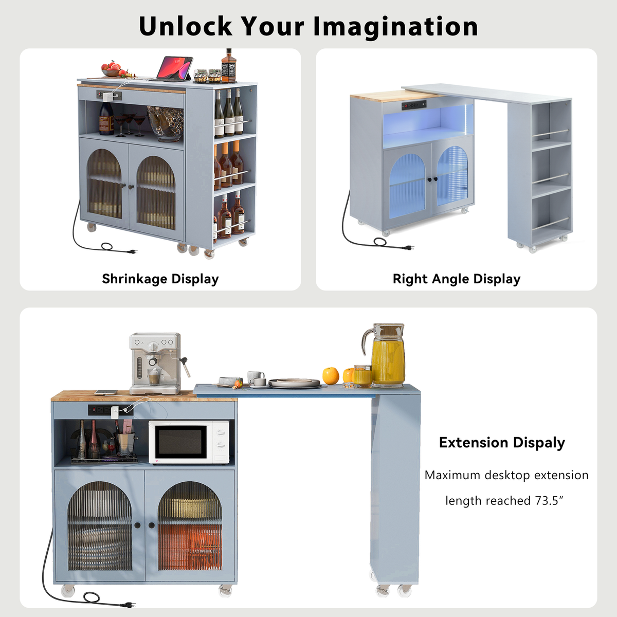 Rolling Kitchen Island With Movable Extended Table, Kitchen Cabinet on Wheels with Power Outlets and 2 Fluted Glass Doors, Kitchen Island with a Storage Compartment and Side 3 Open Shelves, Grey