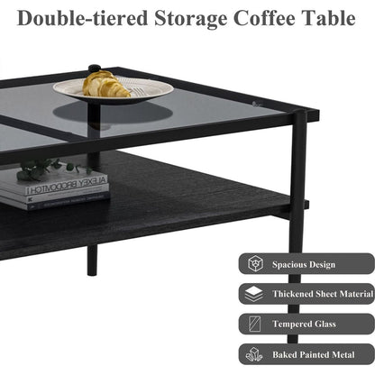 Rectangle Coffee Table with Gray Tempered Glass top and Black Legs,Modern Table for Living Room