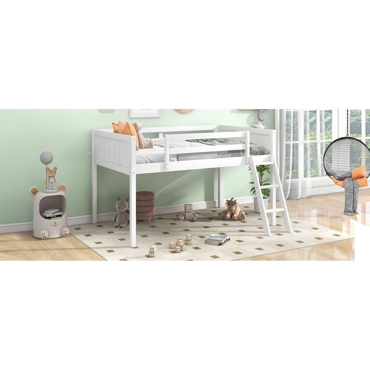 Twin Size Wood Low Loft Bed with Ladder, ladder can be placed on the left or right, White