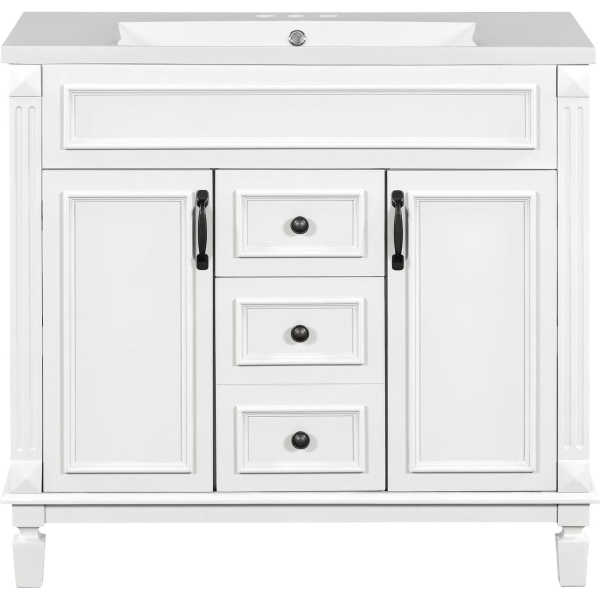 36" Bathroom Vanity with Top Sink, White Mirror Cabinet, Modern Bathroom Storage Cabinet with 2 Soft Closing Doors and 2 Drawers, Single Sink Bathroom Vanity