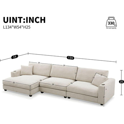 134x54"Oversized Corduroy Sectional Sofa,L Shaped Cloud Couch with USB Charging Port,Cup Holder,Deep Seat Sofa Bed with 50" Chaise,Comfy Indoor Furniture for Living Room,3 Colors