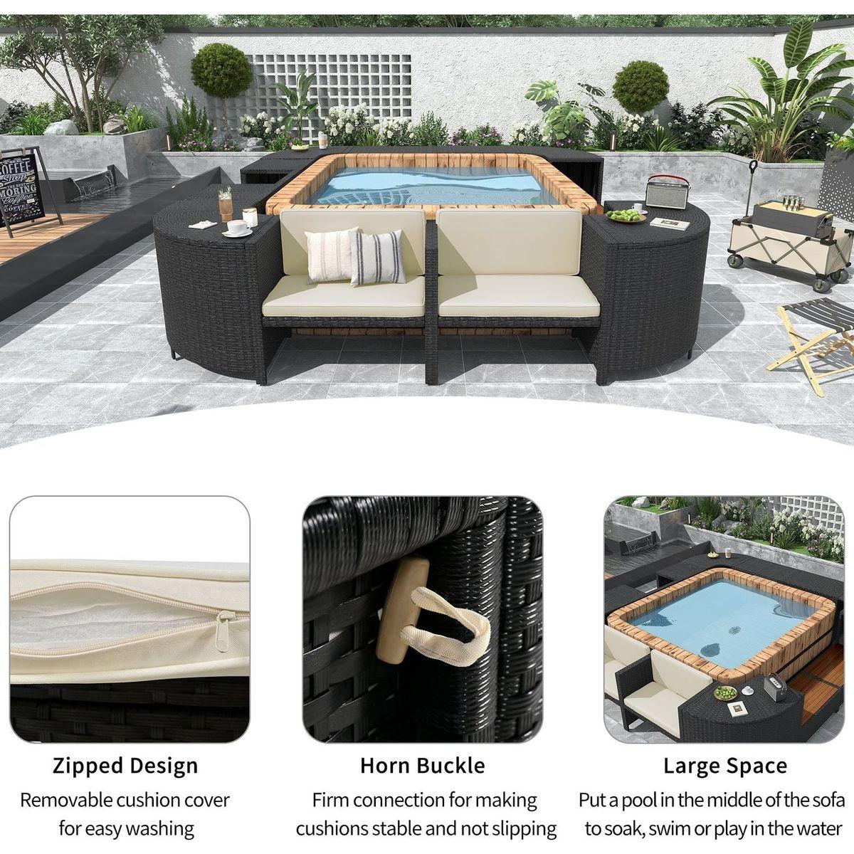 Spa Surround Spa Frame Quadrilateral Outdoor Rattan Sectional Sofa Set with Mini Sofa,Wooden Seats and Storage Spaces, Beige