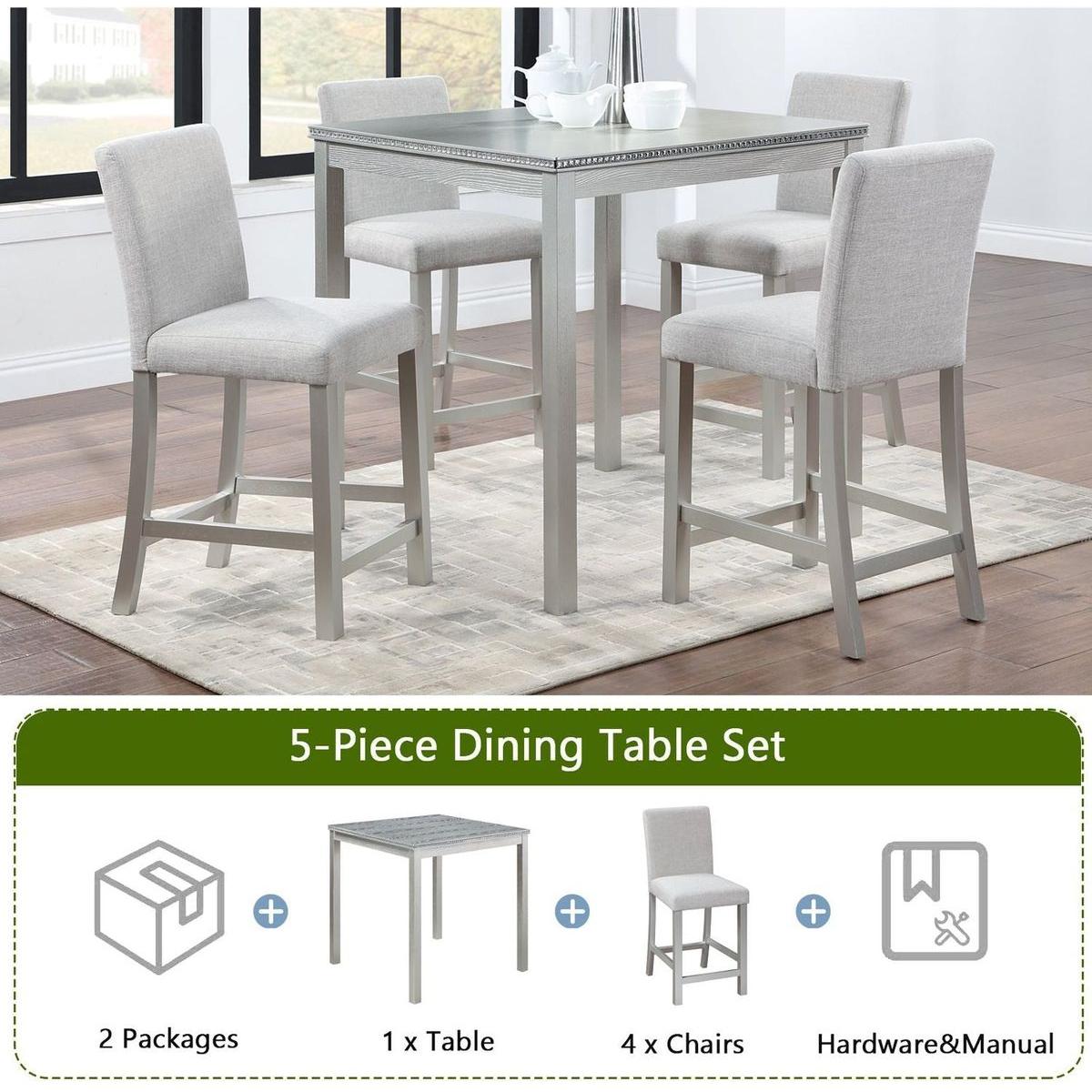 5 Piece Counter Height Table Set, Wooden Kitchen Table Set with Square Table and 4 Upholstered Chairs, Counter Height Dining Table with Crystal Decoration and Chair Set for Kitchen, Dining Room,Gray