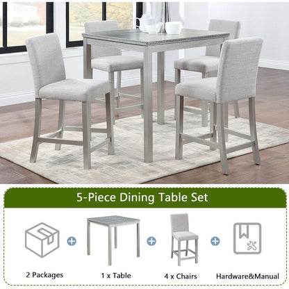 5 Piece Counter Height Table Set, Wooden Kitchen Table Set with Square Table and 4 Upholstered Chairs, Counter Height Dining Table with Crystal Decoration and Chair Set for Kitchen, Dining Room,Gray
