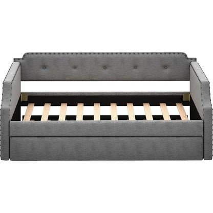 Upholstered Daybed with Trundle, Wood Slat Support,Upholstered Frame Sofa Bed, Twin,Gray