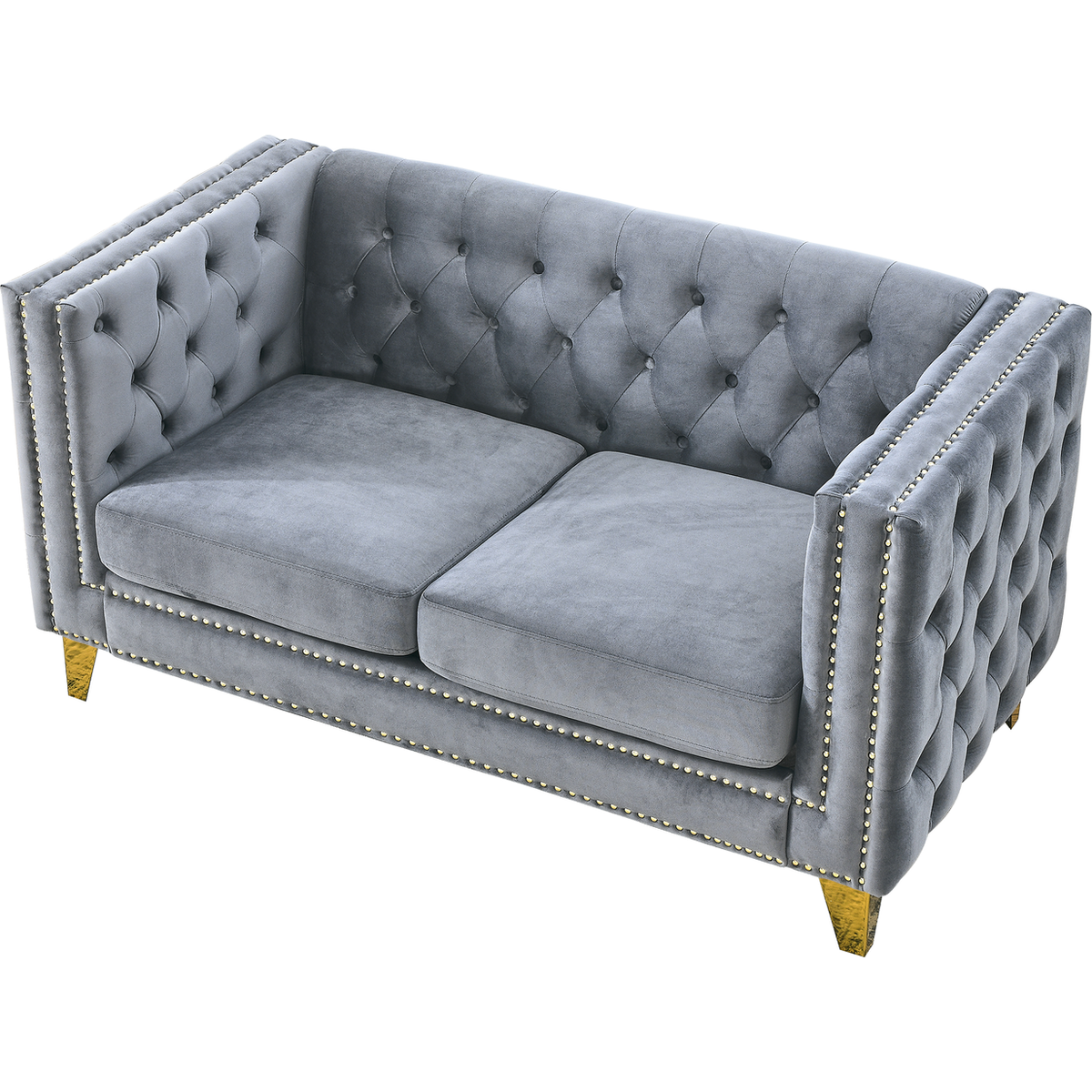 Velvet Sofa for Living Room,Buttons Tufted Square Arm Couch, Modern Couch Upholstered Button and Metal Legs, Sofa Couch for Bedroom, Grey Velvet-2S