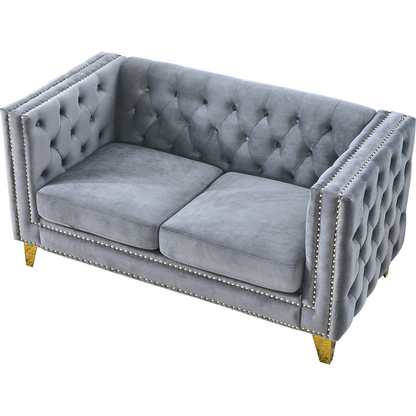 Velvet Sofa for Living Room,Buttons Tufted Square Arm Couch, Modern Couch Upholstered Button and Metal Legs, Sofa Couch for Bedroom, Grey Velvet-2S
