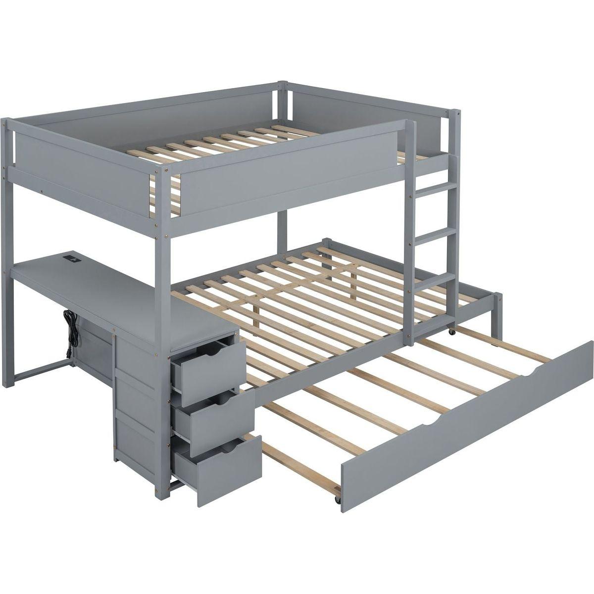 Full-Over-Full Bunk Bed with Twin size Trundle, Storage and Desk, Gray