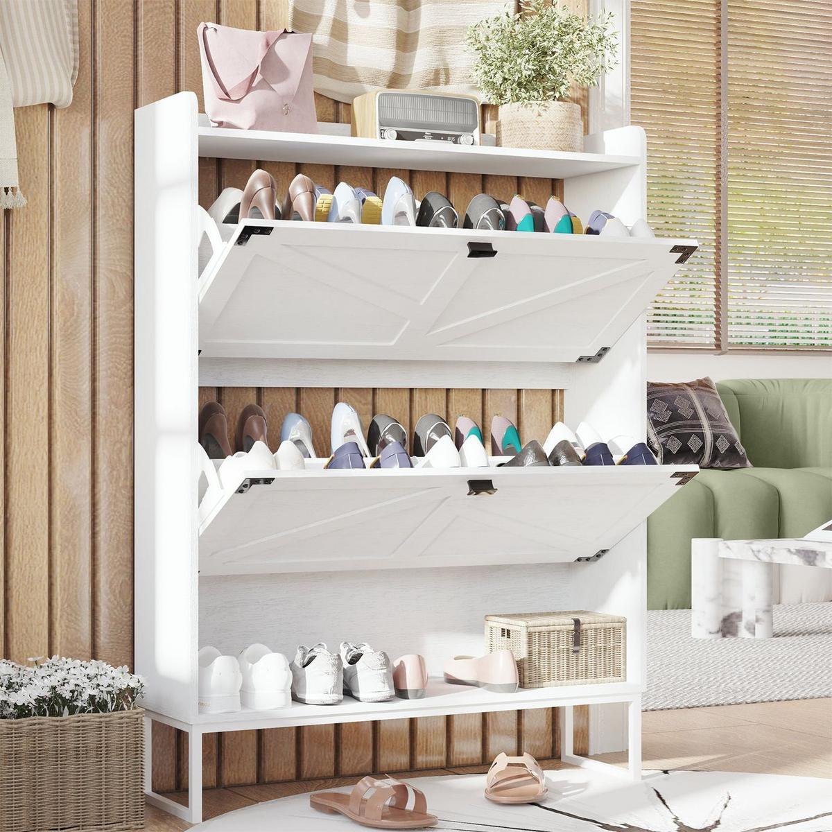 Shoe Cabinet with 2 Flip Drawers,Shoe Storage Cabinet for Entryway,Freestanding Shoe Cabinet Organizer with Open Storage,Narrow Farmhouse Shoe Rack with Metal Corner Decoration Legs,White