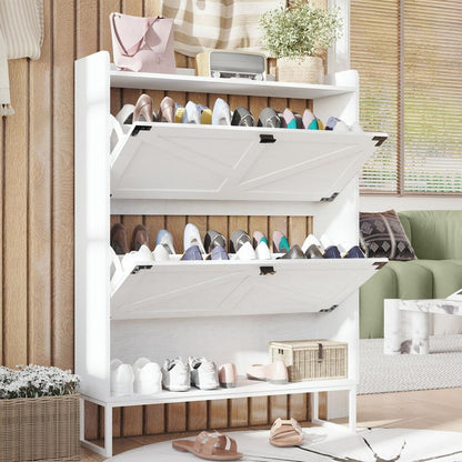 Shoe Cabinet with 2 Flip Drawers,Shoe Storage Cabinet for Entryway,Freestanding Shoe Cabinet Organizer with Open Storage,Narrow Farmhouse Shoe Rack with Metal Corner Decoration Legs,White