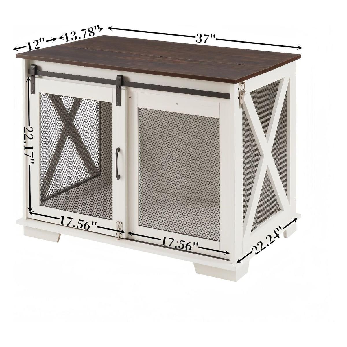 Farmhouse Dog Cage Crate Furniture with Sliding Barn Door, Farmhouse Wooden Dog Kennel End Table with Flip-top Plate Dog House with Detachable Divider for Small/Medium/Large Dog White