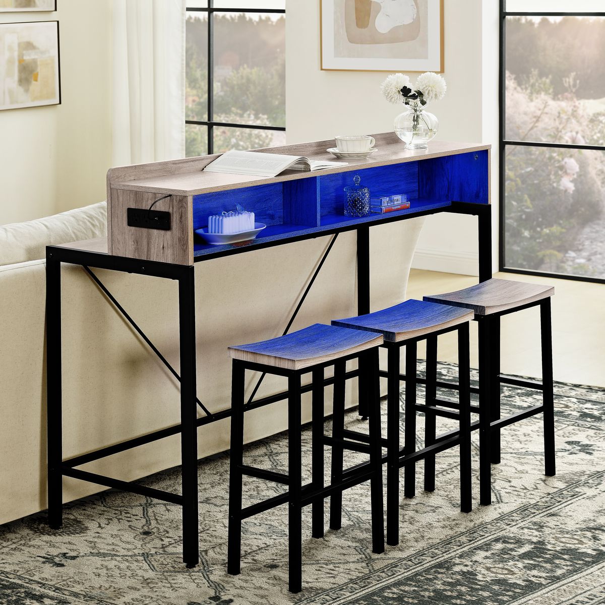 59 inch bar table, dining table, sofa table with power socket and LED light, 3 saddle stools, 4-piece bar table and chairs set for living room, dining room and kitchen