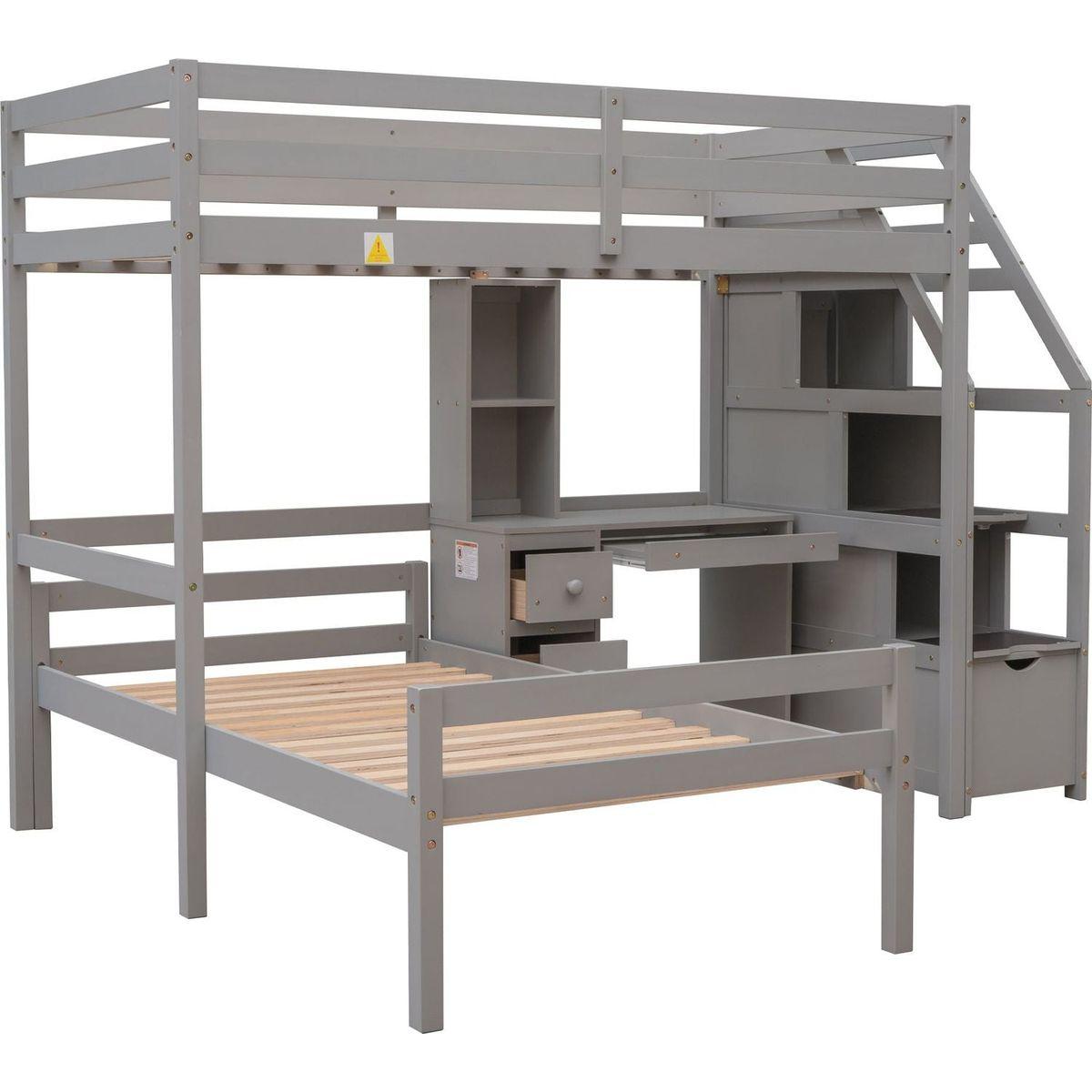 Twin Size Loft Bed with a Stand-alone Bed, Storage Staircase, Desk, Shelves and Drawers, Gray
