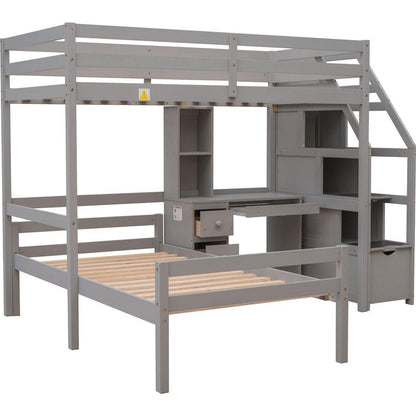Twin Size Loft Bed with a Stand-alone Bed, Storage Staircase, Desk, Shelves and Drawers, Gray