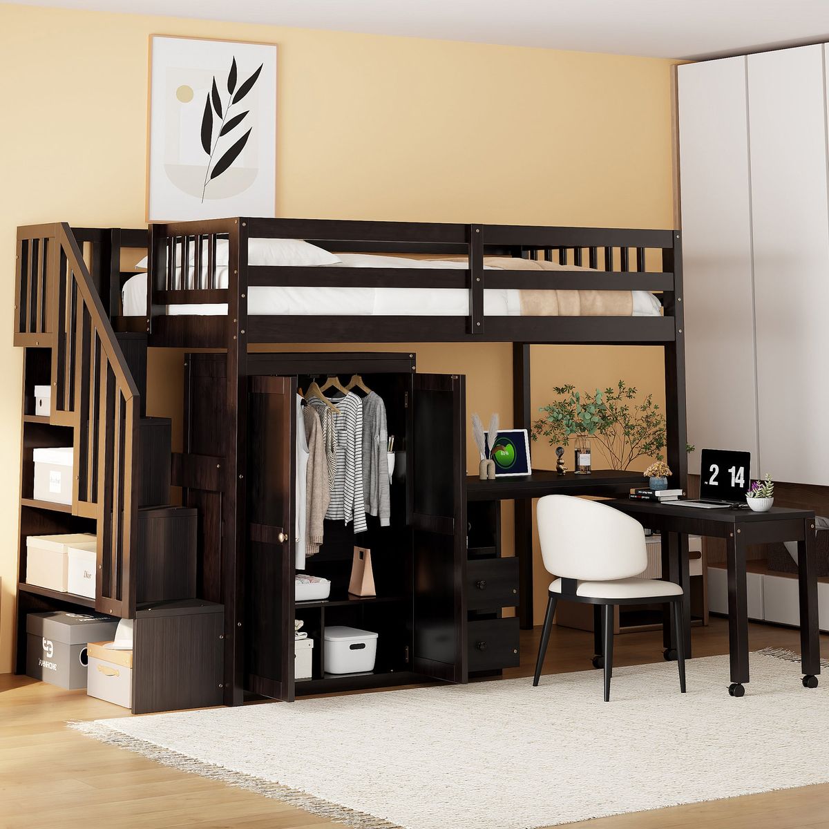 Twin Size Loft Bed with Stairs, Bookshelf, Drawers, Desk & Wardrobe – Space-Saving Multifunctional Furniture for Kids & Teens-Espresso