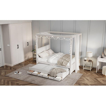 Full Size Upholstery Canopy Platform Bed with Trundle and Three Storage Drawers, Beige - Streamdale Furniture
