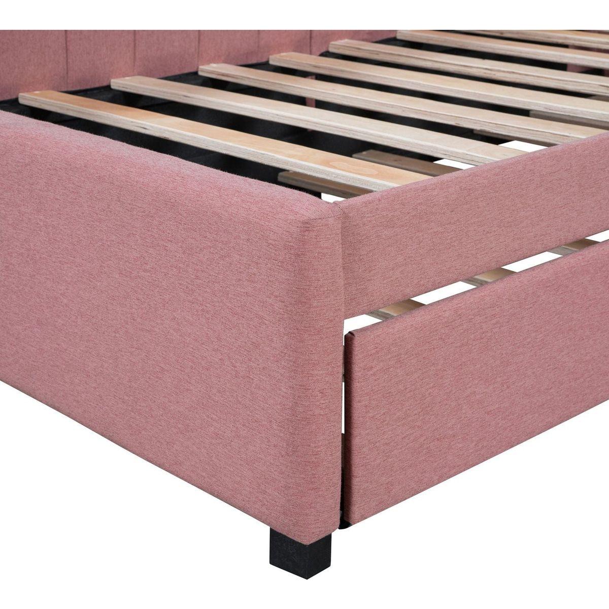 Upholstered Daybed with Trundle Twin Size Sofa Bed Frame No Box Spring Needed, Linen Fabric(Pink)