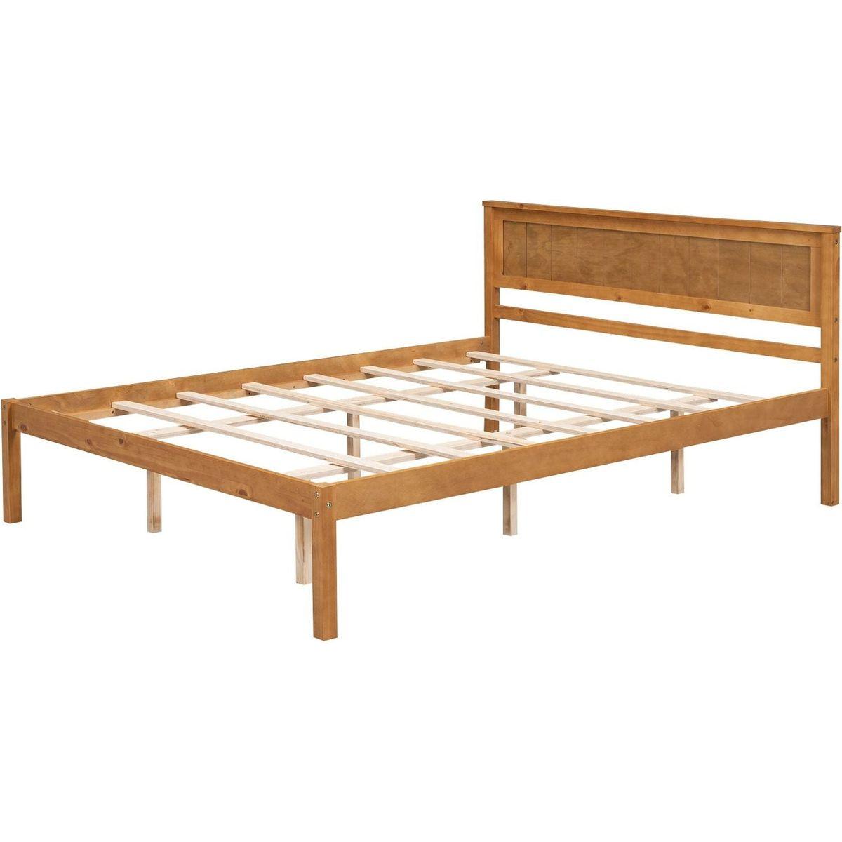 Platform Bed Frame with Headboard, Wood Slat Support, No Box Spring Needed, Queen, Oak