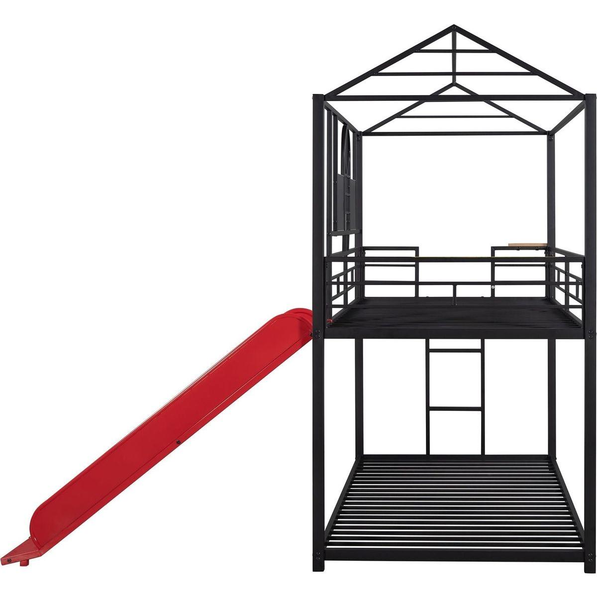 Twin Over Twin Metal Bunk Bed, Metal Housebed With Slide,Three Colors Available.(Black with Red Slide)
