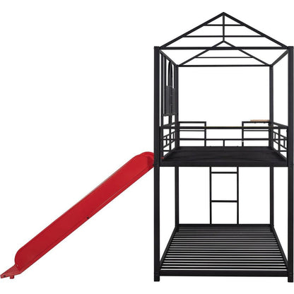 Twin Over Twin Metal Bunk Bed, Metal Housebed With Slide,Three Colors Available.(Black with Red Slide)