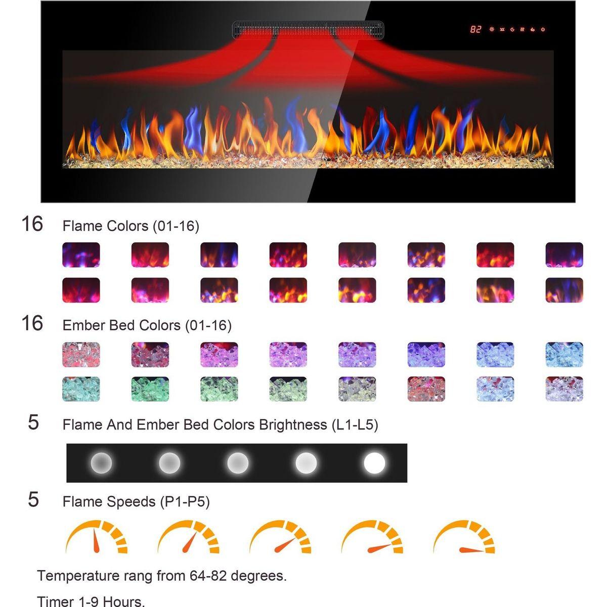 42 inch recessed ultra thin tempered glass front wall mounted electric fireplace with remote and multi color flame & emberbed, LED light heater