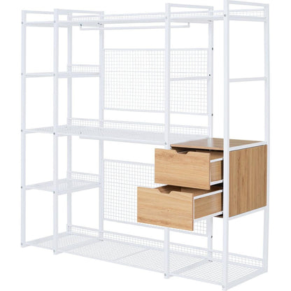 Open-Style Wardrobe with Hanging Rails, Shelves and Drawers, White