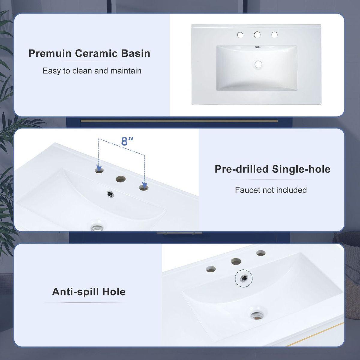 Modern 30inch Navy Blue/White Bathroom Vanity Cabinet Combo with Open Storge, Two Drawers