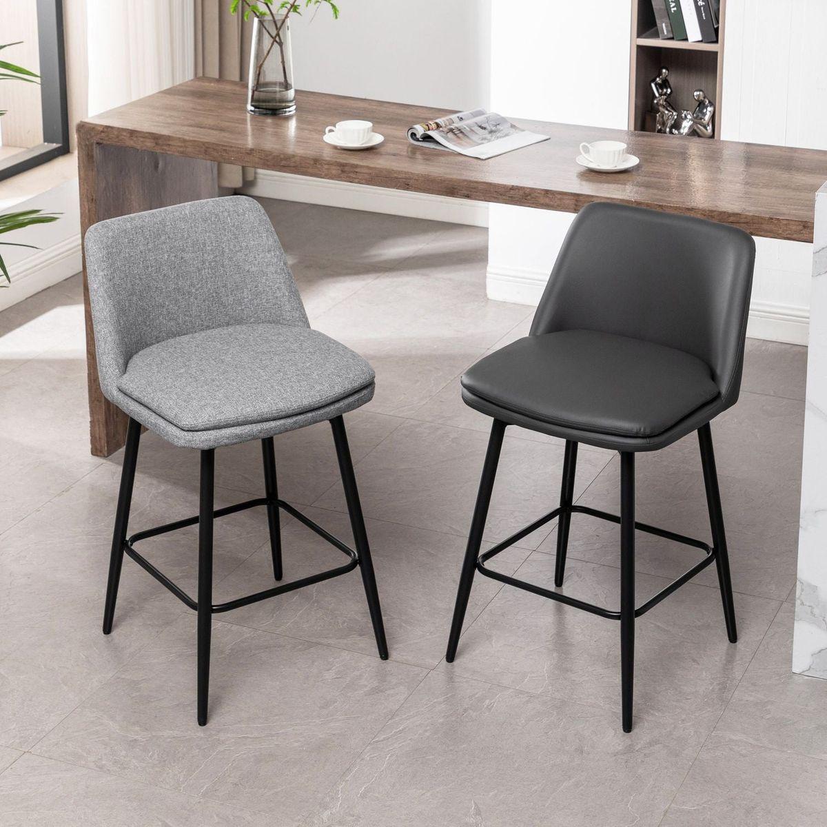 Counter Height Swivel Bar Stools Set of 2, 360 Swivel Upholstered Barstools with Back and Metal Legs, 25.6" Seat Height,Counter Stools for Kitchen Island and Pub,Linen Cloth,Grey
