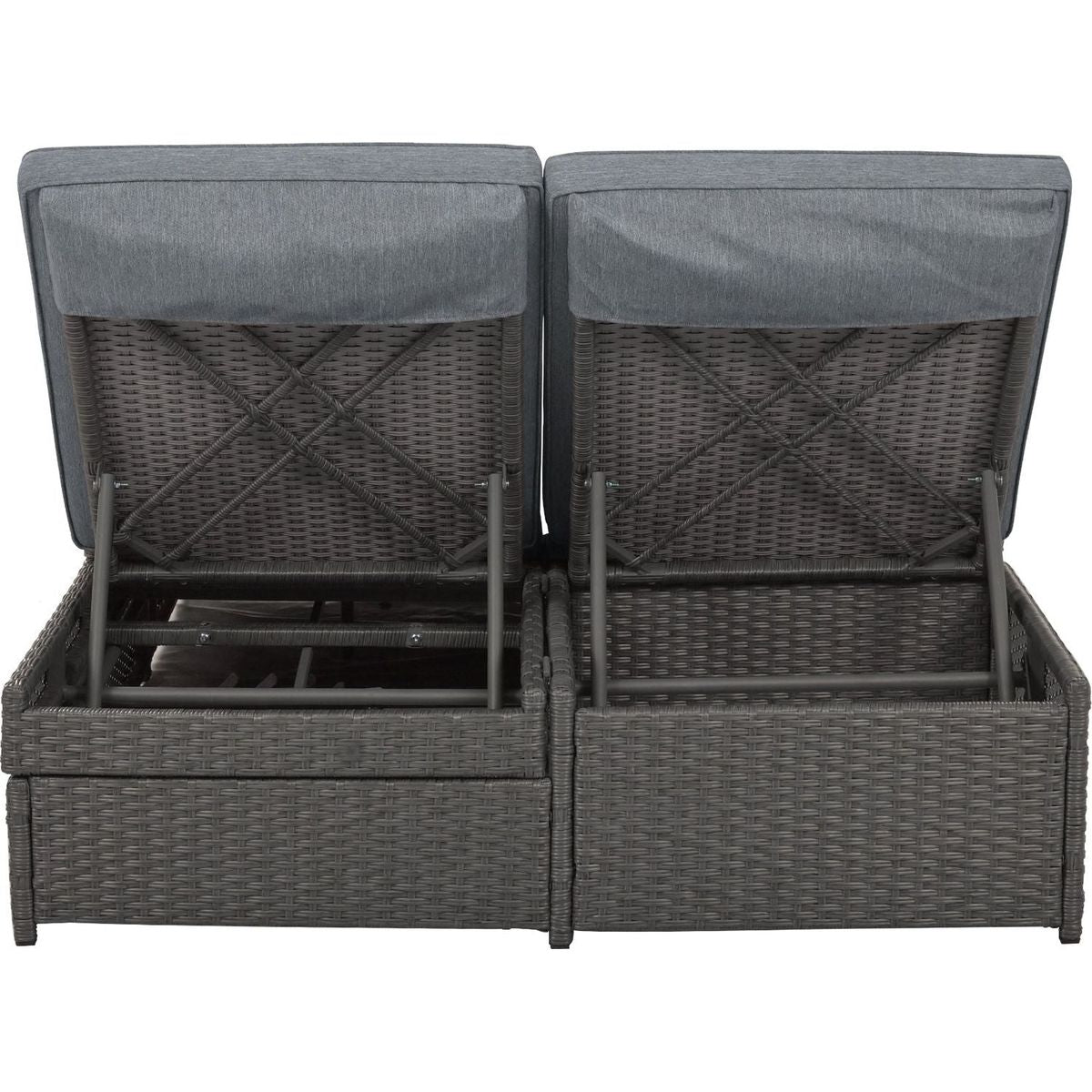 Outdoor Double Sunbed, Wicker Rattan Patio Reclining Chairs with Adjustable Backrest and Seat, Conversational Set for 2 Person, Gray