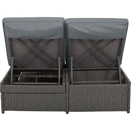 Outdoor Double Sunbed, Wicker Rattan Patio Reclining Chairs with Adjustable Backrest and Seat, Conversational Set for 2 Person, Gray