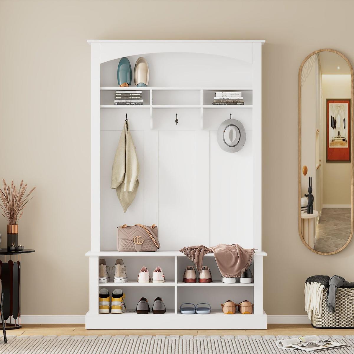 47.2" Wide Hall Tree with Bench and Shoe Storage, Multi-functional Storage Bench with 3 Hanging Hooks & Open Storage Space, Rectangle Storage & Shelves Coat Rack for Hallway, White