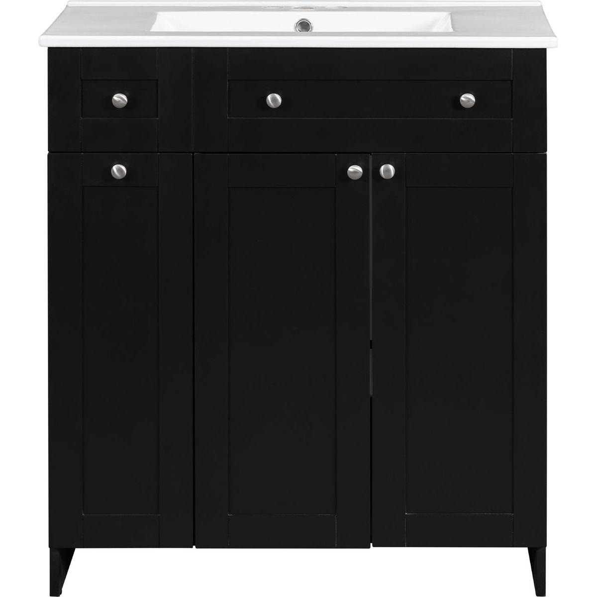 30-Inch Black Bathroom Vanity with Ceramic Sink Combo, Abundant Storage Cabinet - 2 Soft-close Doors and Double-tier Deep Drawer