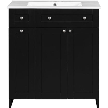 30-Inch Black Bathroom Vanity with Ceramic Sink Combo, Abundant Storage Cabinet - 2 Soft-close Doors and Double-tier Deep Drawer