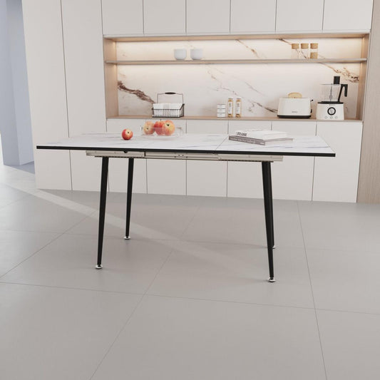 63" MDF square white marble pattern stretchable dining table, modern industrial kitchen and dining table, equipped with tapered black metal legs