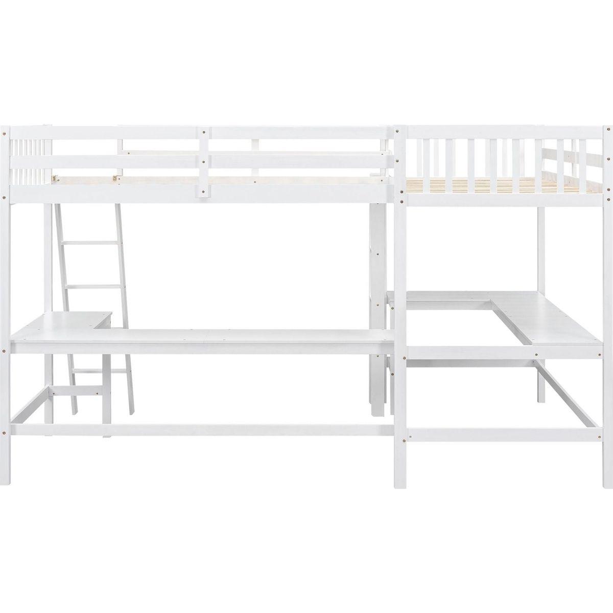 Wood Twin Size L-Shaped Loft Bed with Ladder and 2 Built-in L-Shaped Desks, White