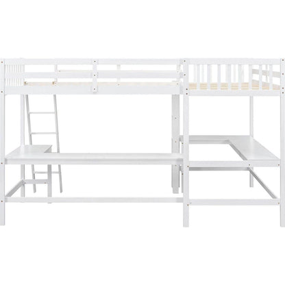 Wood Twin Size L-Shaped Loft Bed with Ladder and 2 Built-in L-Shaped Desks, White